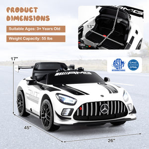 Children's toy car with dimensions and safety certification logos on a light gray background