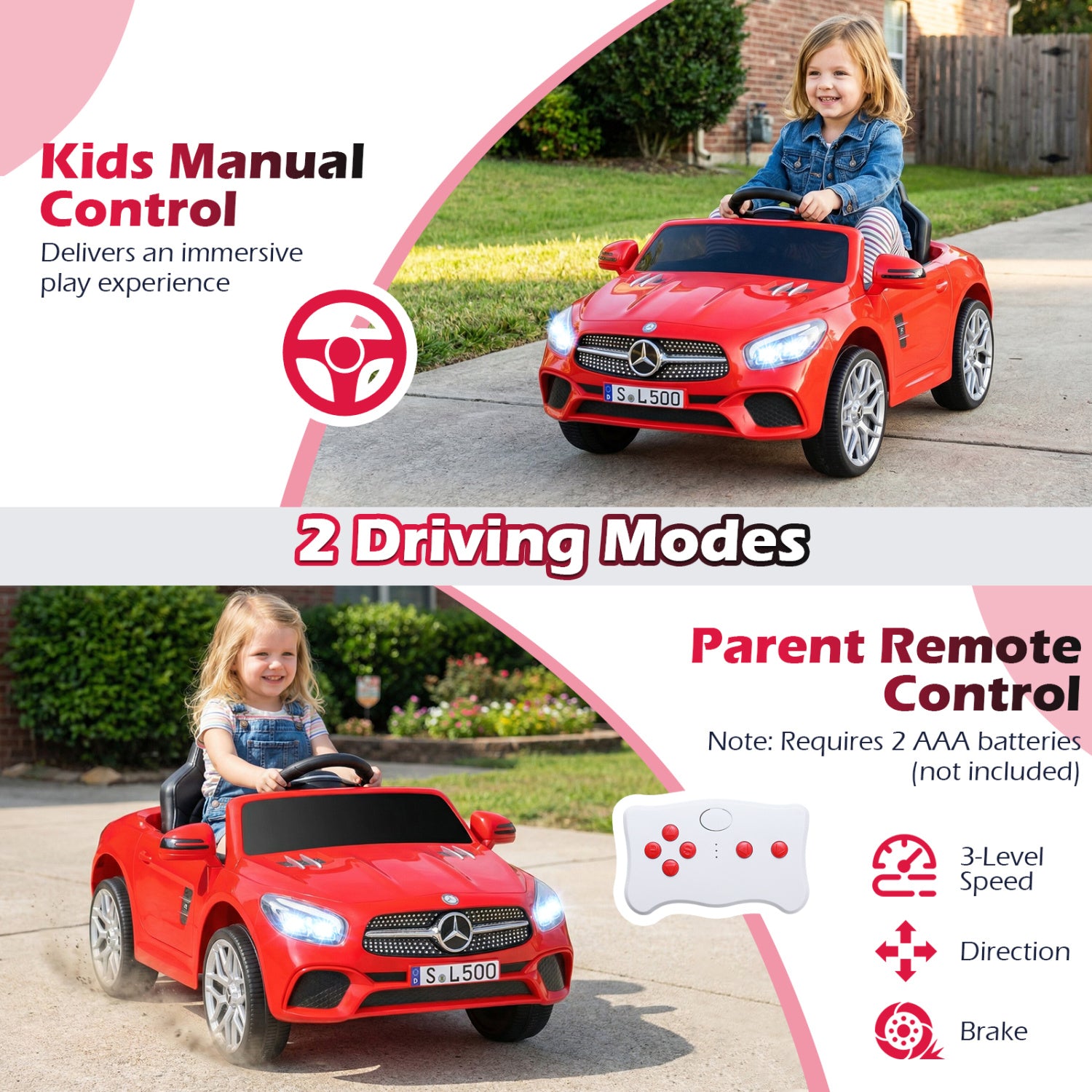 Red toy car with Mercedes-Benz logo driven by a child, featuring text about kids manual control and driving modes.