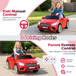 Red toy car with Mercedes-Benz logo driven by a child, featuring text about kids manual control and driving modes.