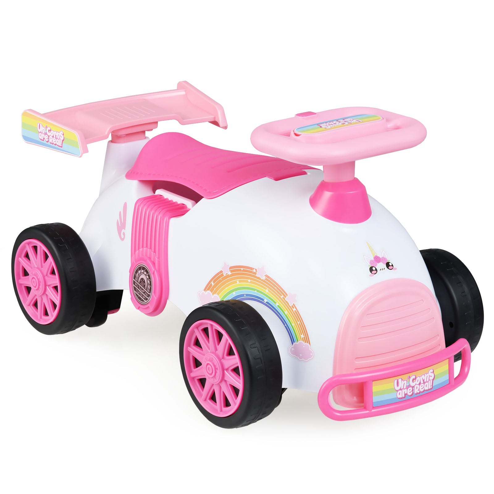 Pink and white toy car with rainbow design on a white background