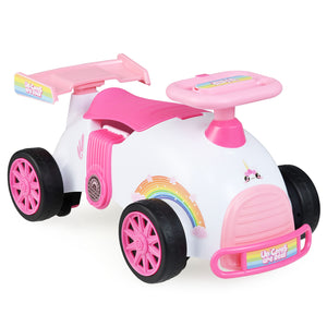 Pink and white toy car with rainbow design on a white background