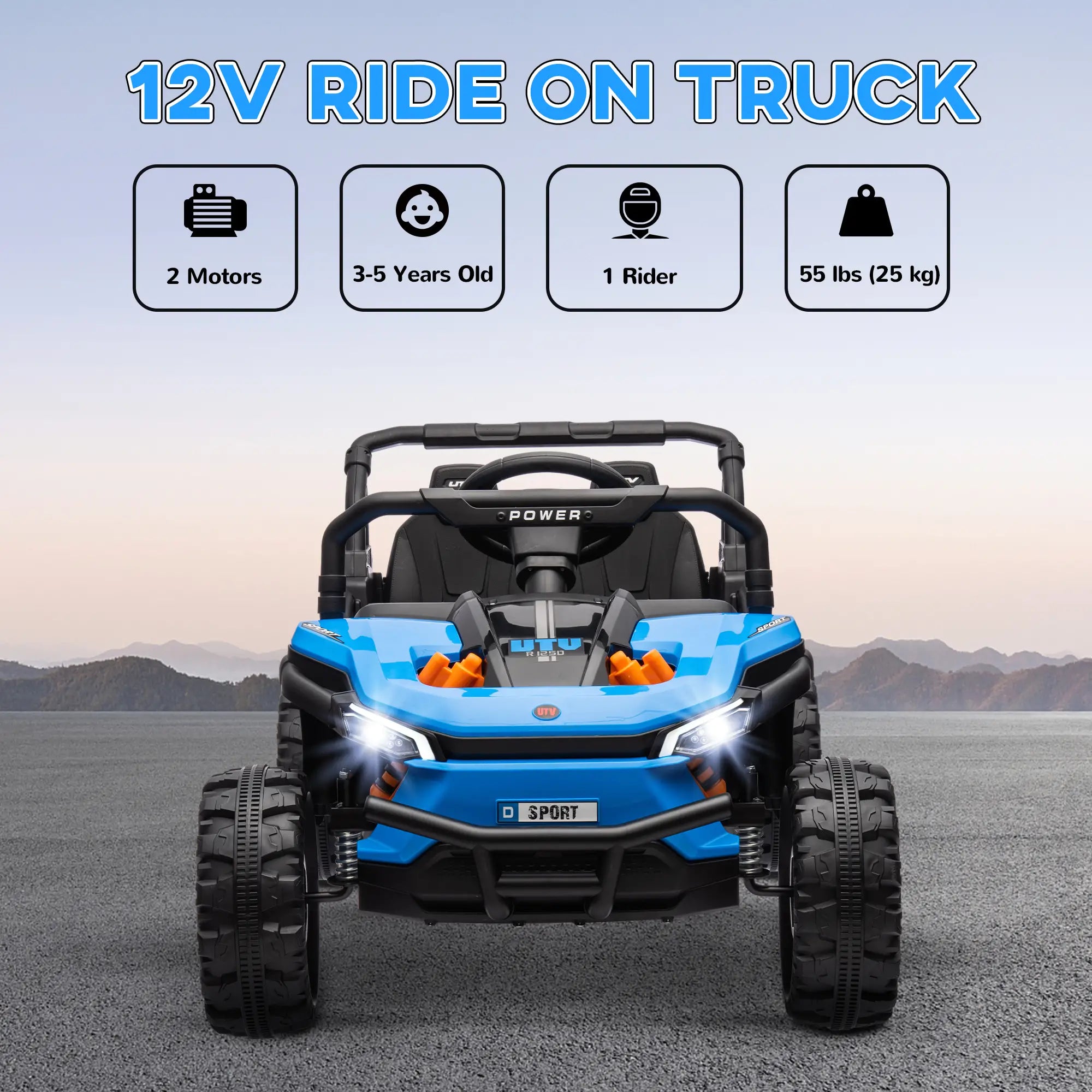 Blue ride-on truck with specifications on a mountainous background