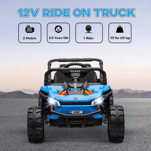 Blue ride-on truck with specifications on a mountainous background