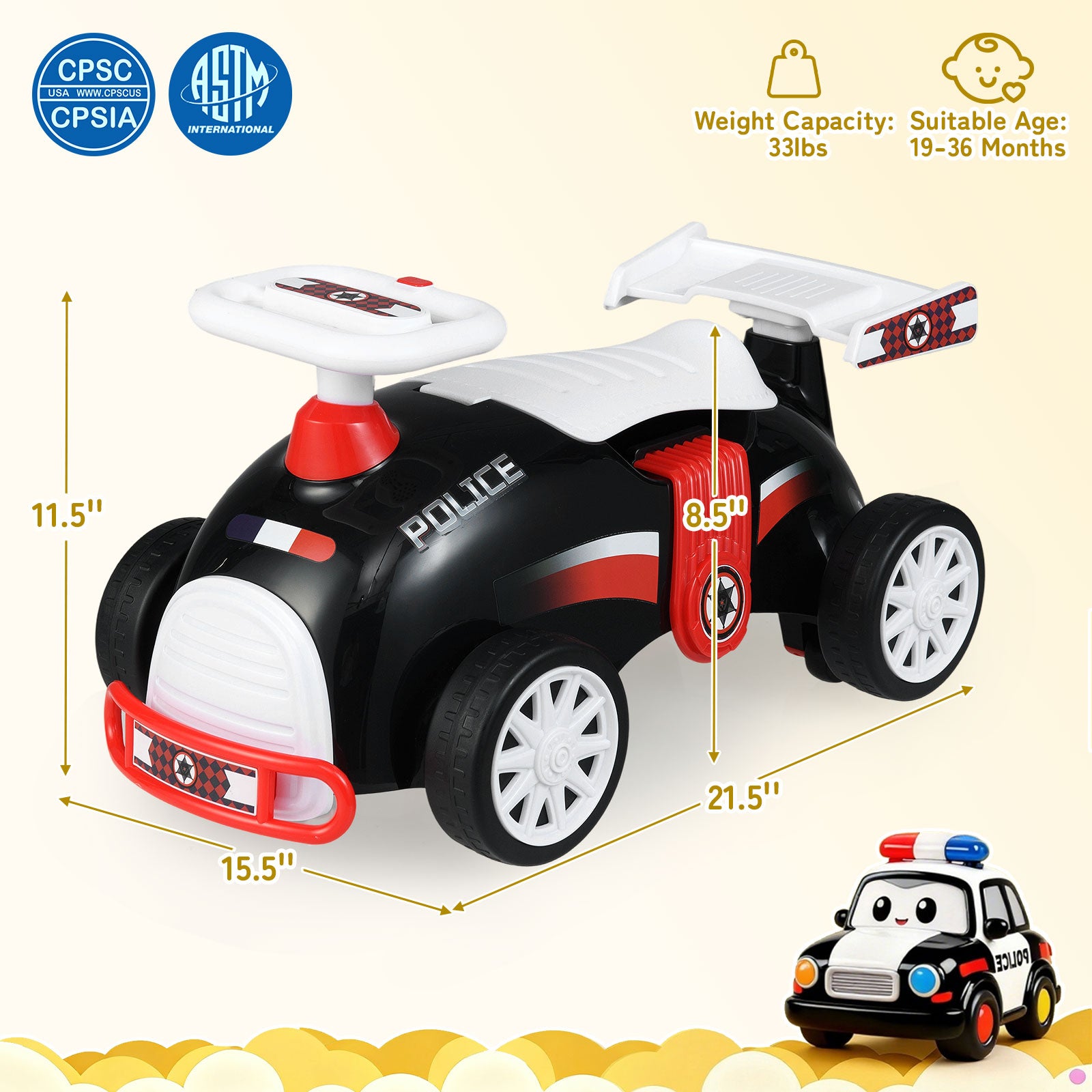 Toy police car with dimensions and safety certifications on a beige background
