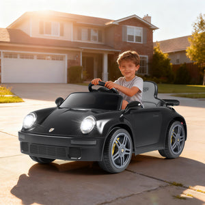 Child playing with a toy car in front of a house