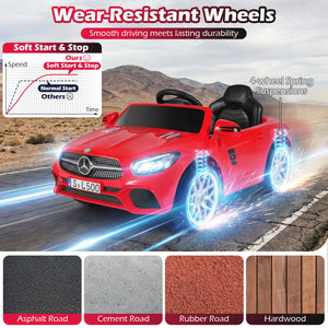 Red toy car with Mercedes-Benz logo on a road, featuring wear-resistant wheels and soft start & stop technology.