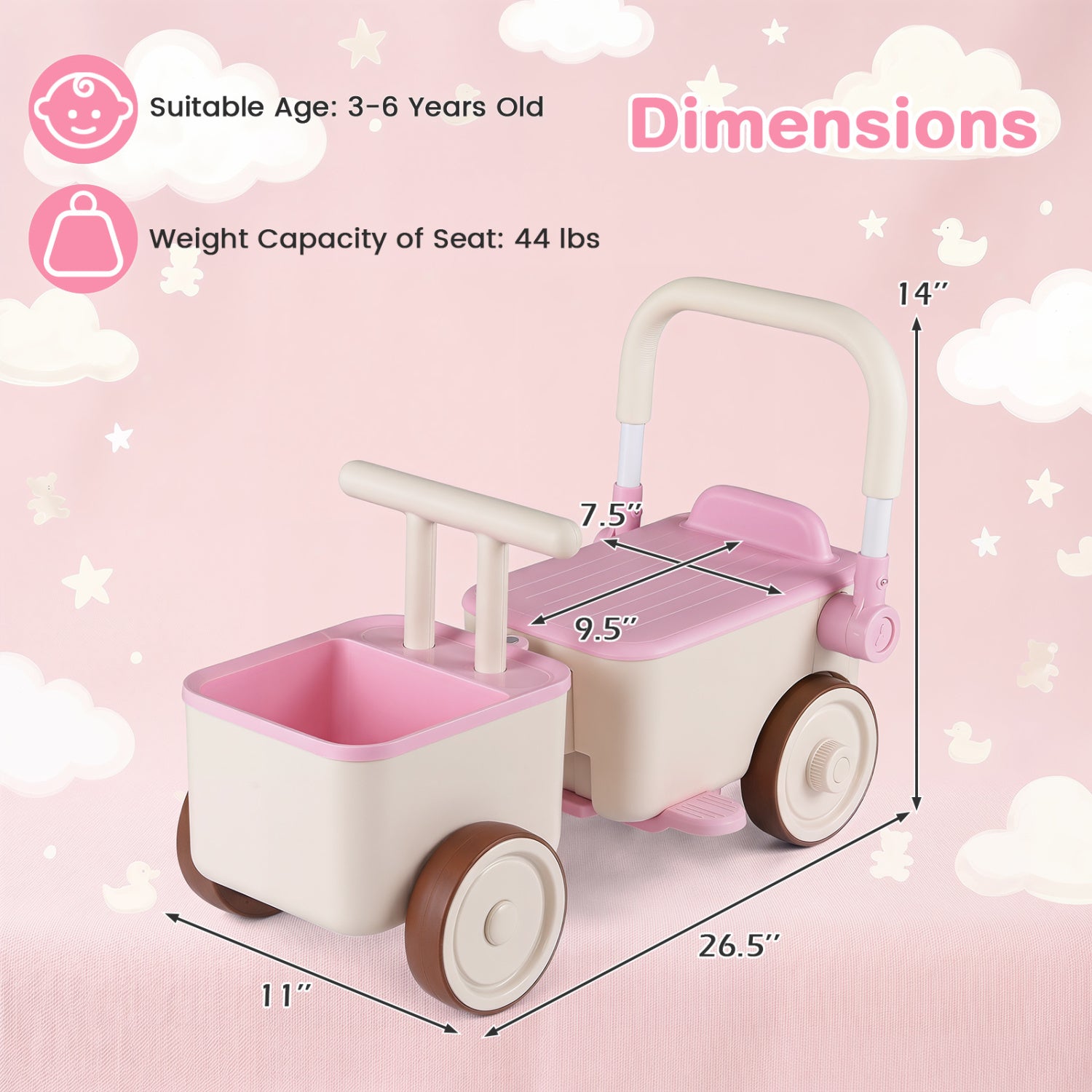 Pink and white toy stroller with dimensions on a pink background