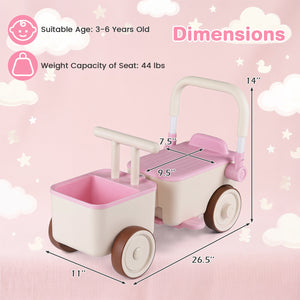 Pink and white toy stroller with dimensions on a pink background