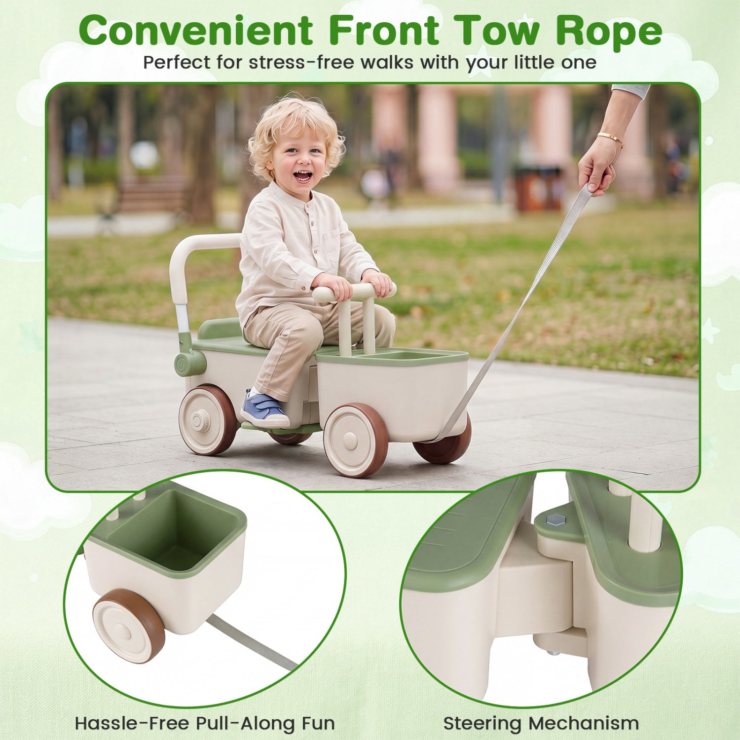 Child riding a toy wagon with a front tow rope, suitable for stress-free walks.