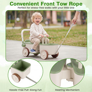 Child riding a toy wagon with a front tow rope, suitable for stress-free walks.
