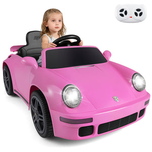 Pink toy car with a remote control on a white background
