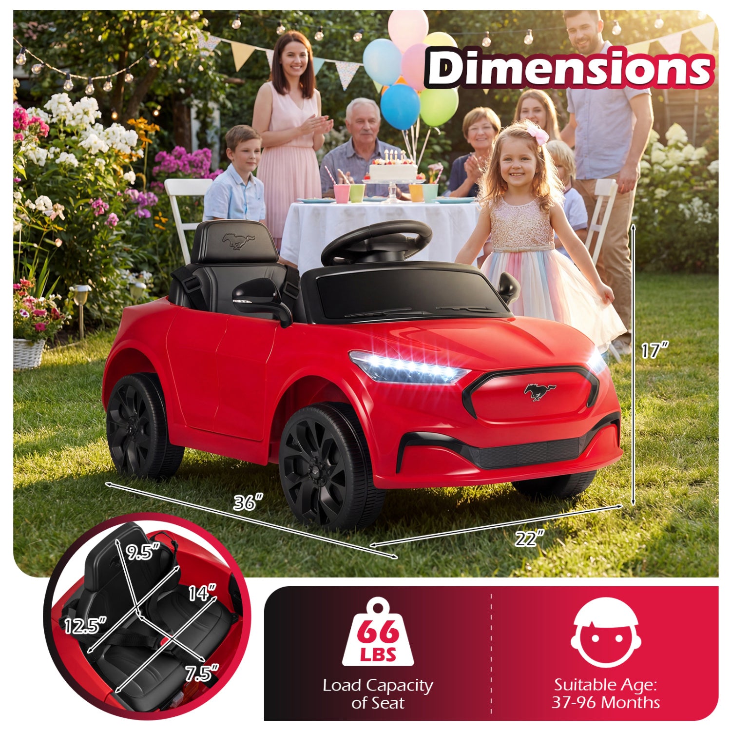 Red toy car with dimensions and family in the background