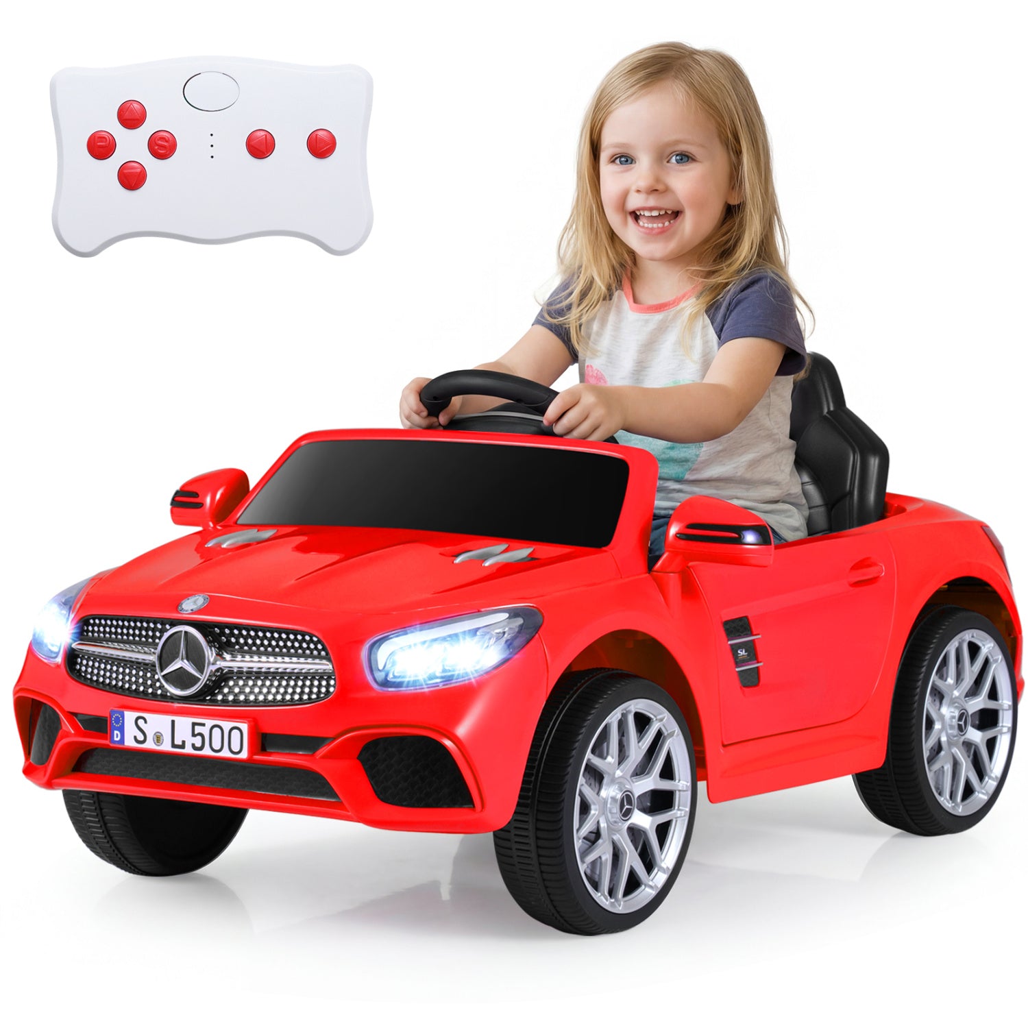 Child playing with a red toy car and remote control on a white background