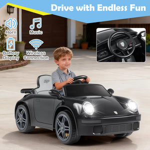 Child playing with a toy car, with features like horn, music, battery display, and wireless connection highlighted.