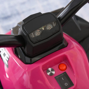 Close-up of a pink vehicle's control panel with gauges and buttons.