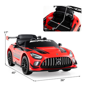 Red toy car with Mercedes-Benz logo and AMG branding, showing dimensions and close-up of interior.