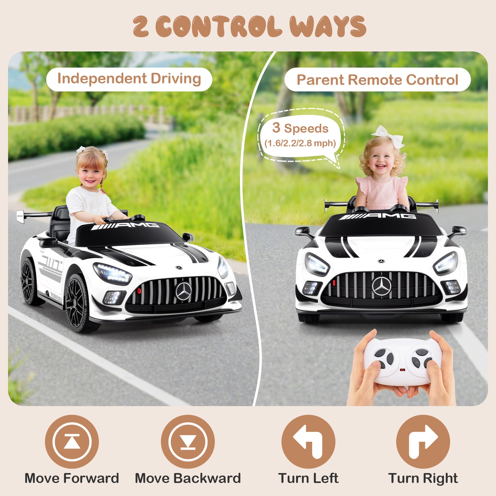 Two children playing with toy cars, one with independent driving and the other with parent remote control, on a road with greenery.