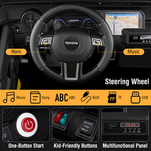 Steering wheel and dashboard of a Toyota vehicle with labeled components.