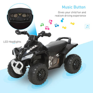 Black toy ATV with LED headlights and music button on a blue background