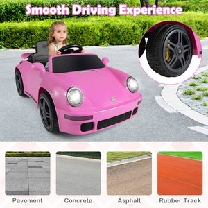 Pink toy car with a child inside, on a road with smooth driving experience text and tire close-up.