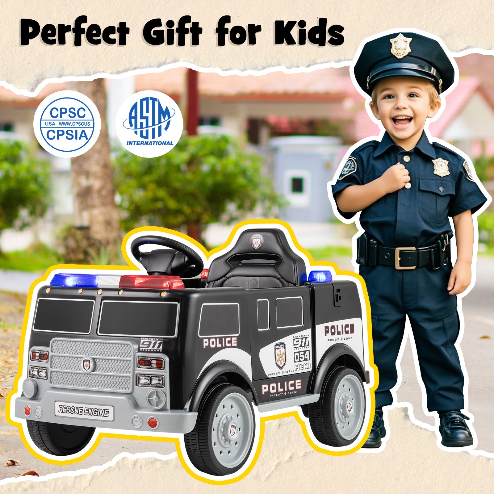 Child in police uniform with toy police car, labeled 'Perfect Gift for Kids', featuring CPSC and ASTM International logos.