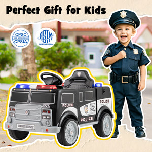 Child in police uniform with toy police car, labeled 'Perfect Gift for Kids', featuring CPSC and ASTM International logos.