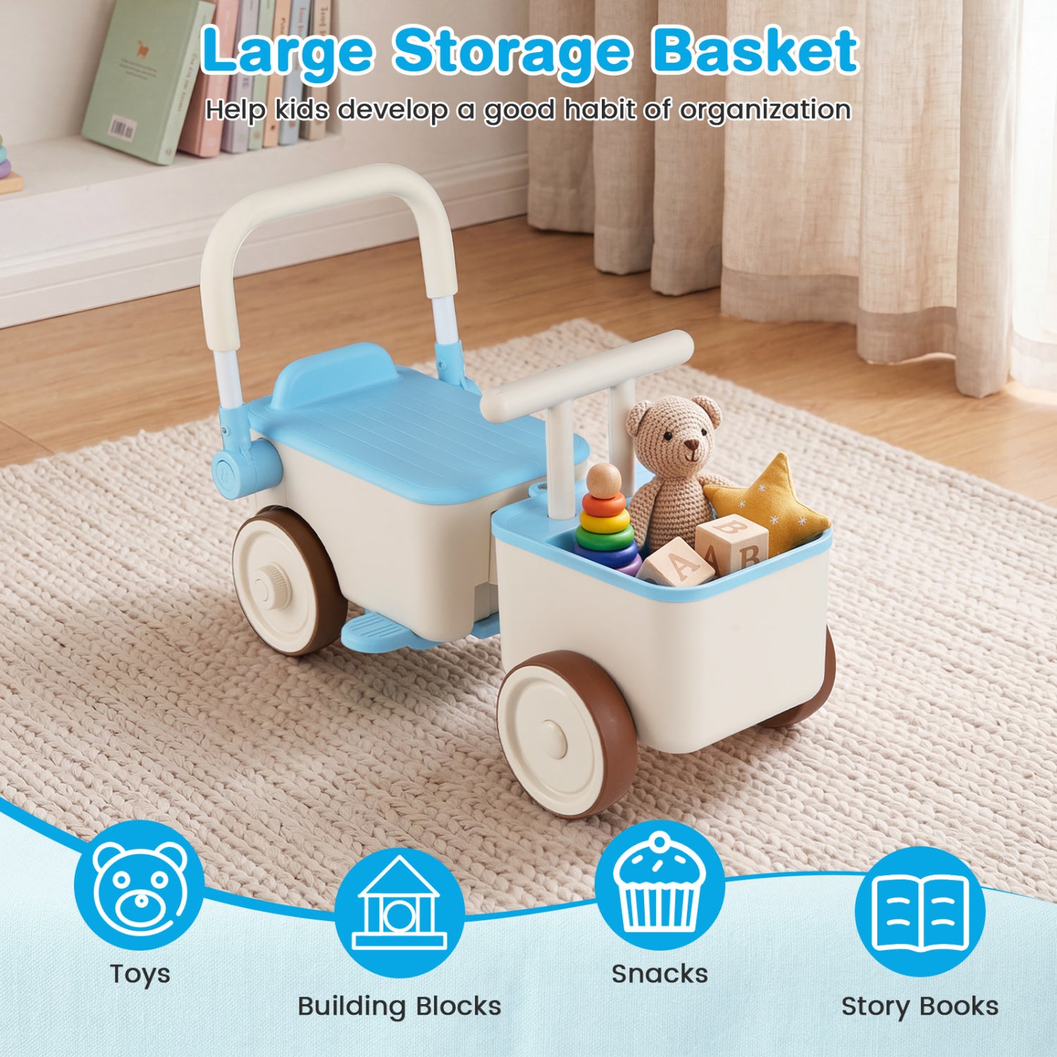 Children's toy storage cart with teddy bear, toys, building blocks, and snacks on a carpeted floor.