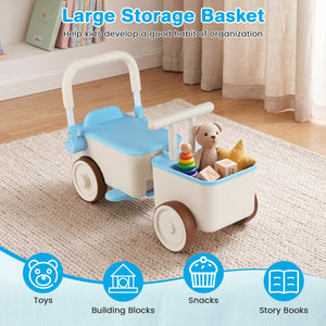 Children's toy storage cart with teddy bear, toys, building blocks, and snacks on a carpeted floor.