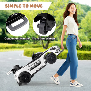 Woman pushing a toy car with transport wheels and handle, set against a green outdoor background.
