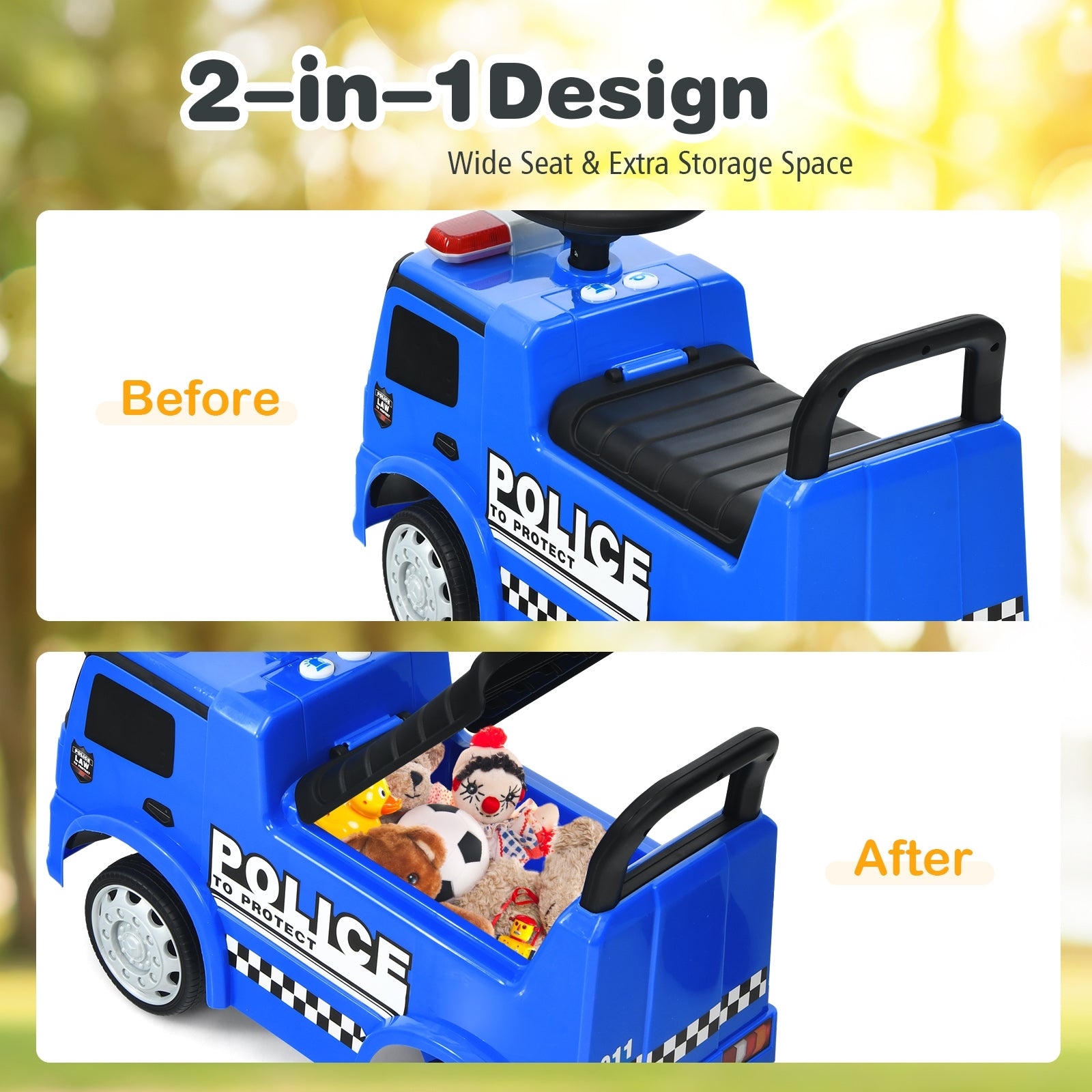 Blue toy police car with wide seat and extra storage space, before and after comparison.