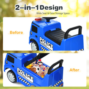 Blue toy police car with wide seat and extra storage space, before and after comparison.