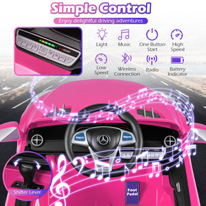 Pink toy car with control panel and features listed on a white background