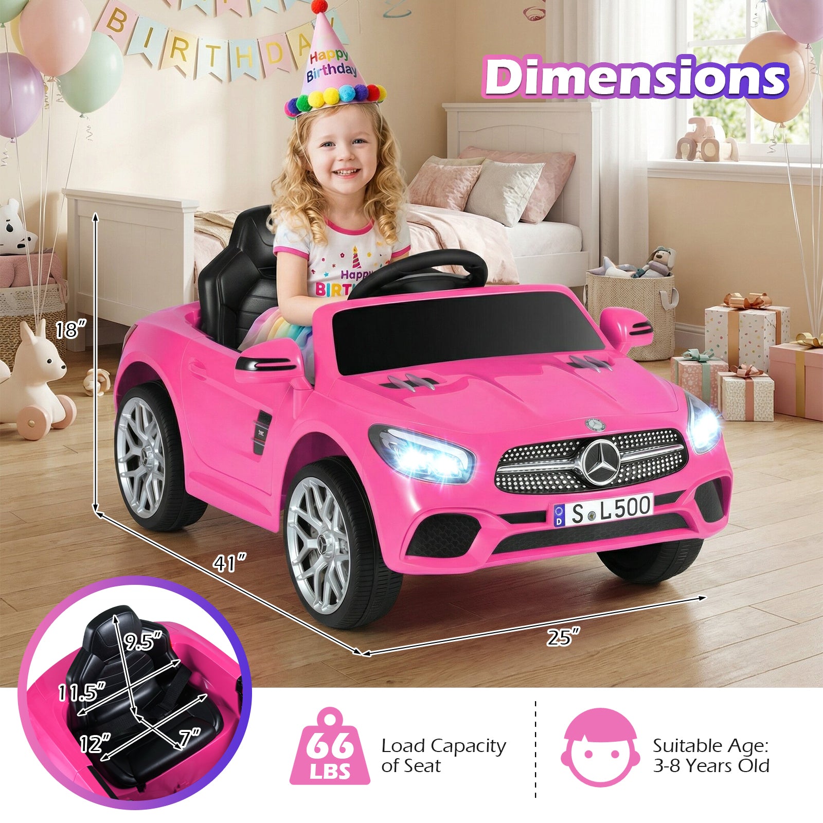 Pink toy car with Mercedes-Benz logo in a room setting, featuring dimensions and safety information.