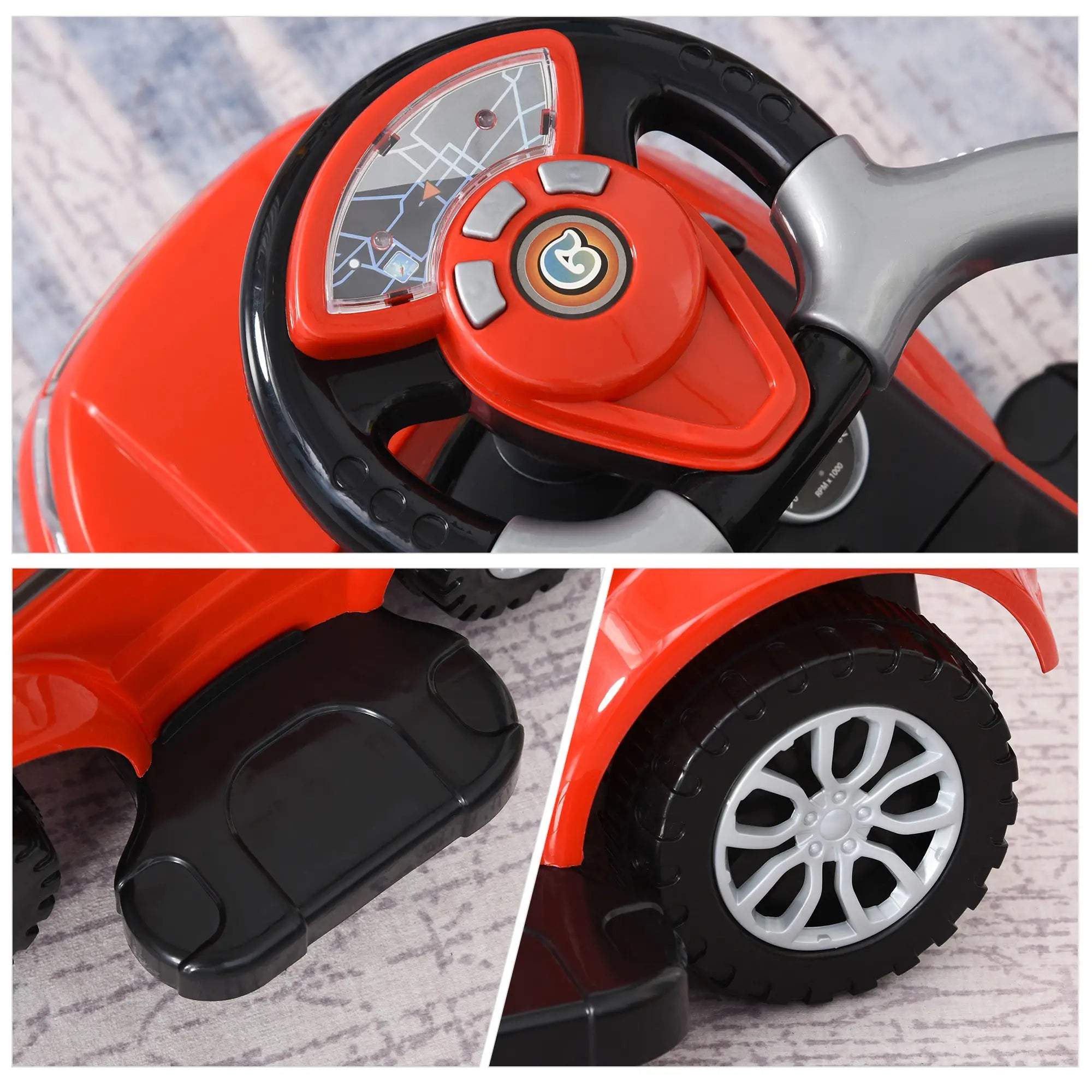 Close-up of a red toy car with steering wheel, dashboard, and wheels on a textured surface.