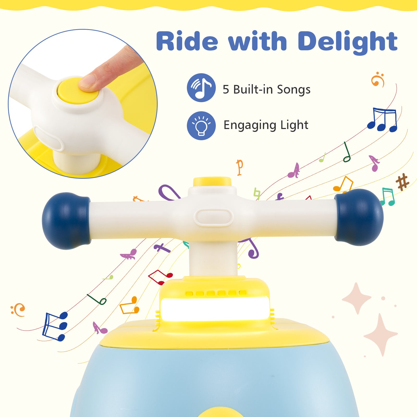 Children's toy with built-in songs and light effects on a colorful background