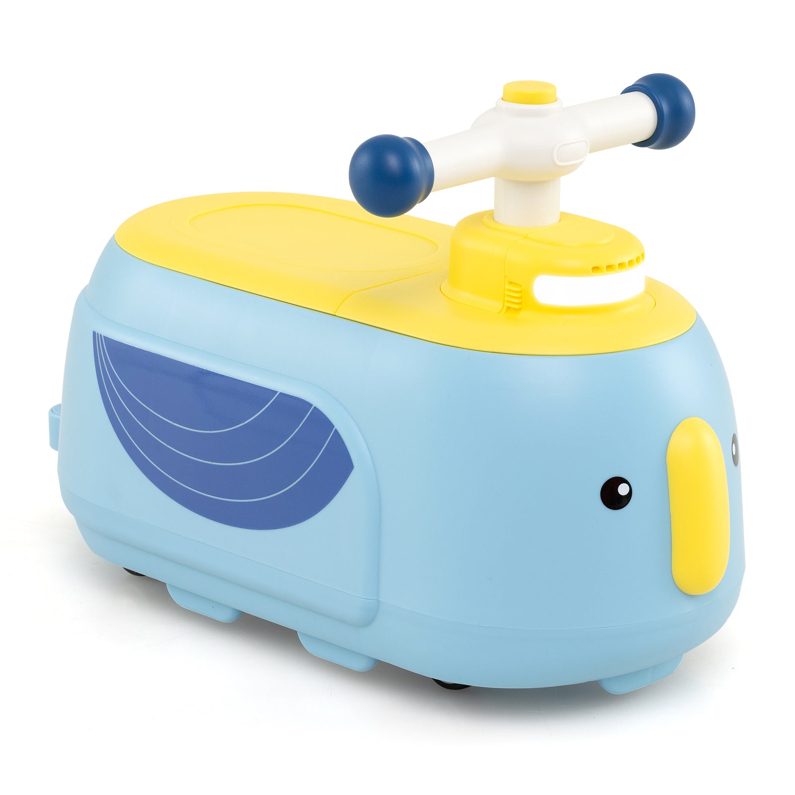 Toy submarine with a yellow top and blue body on a white background