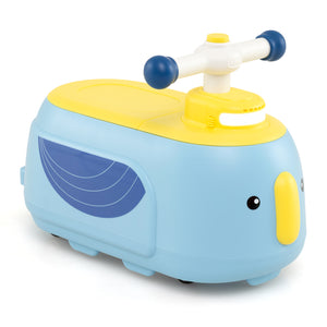 Toy submarine with a yellow top and blue body on a white background