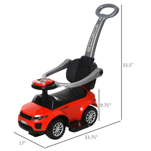 Red toy car with handle and measurements on a white background