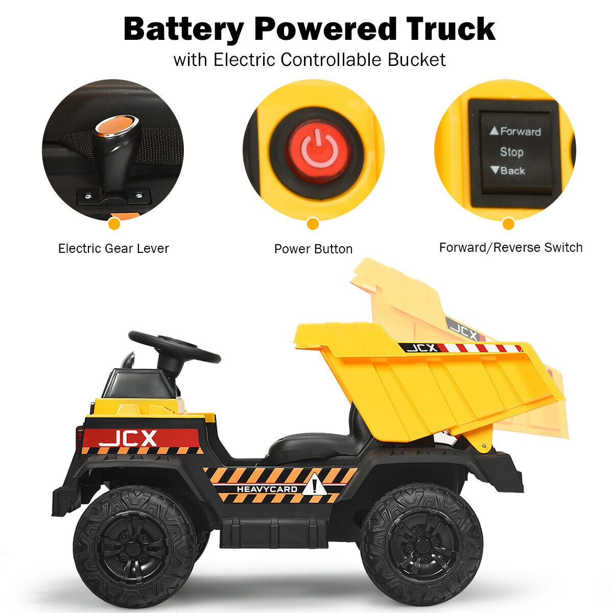 Toy dump truck with battery-powered controls on a white background