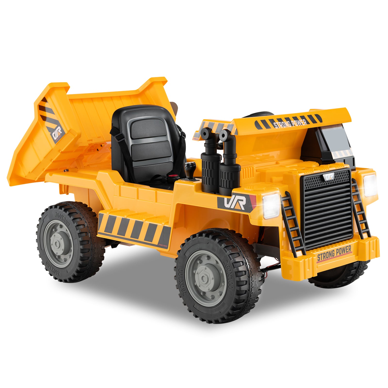 Toy dump truck with black seat on a white background