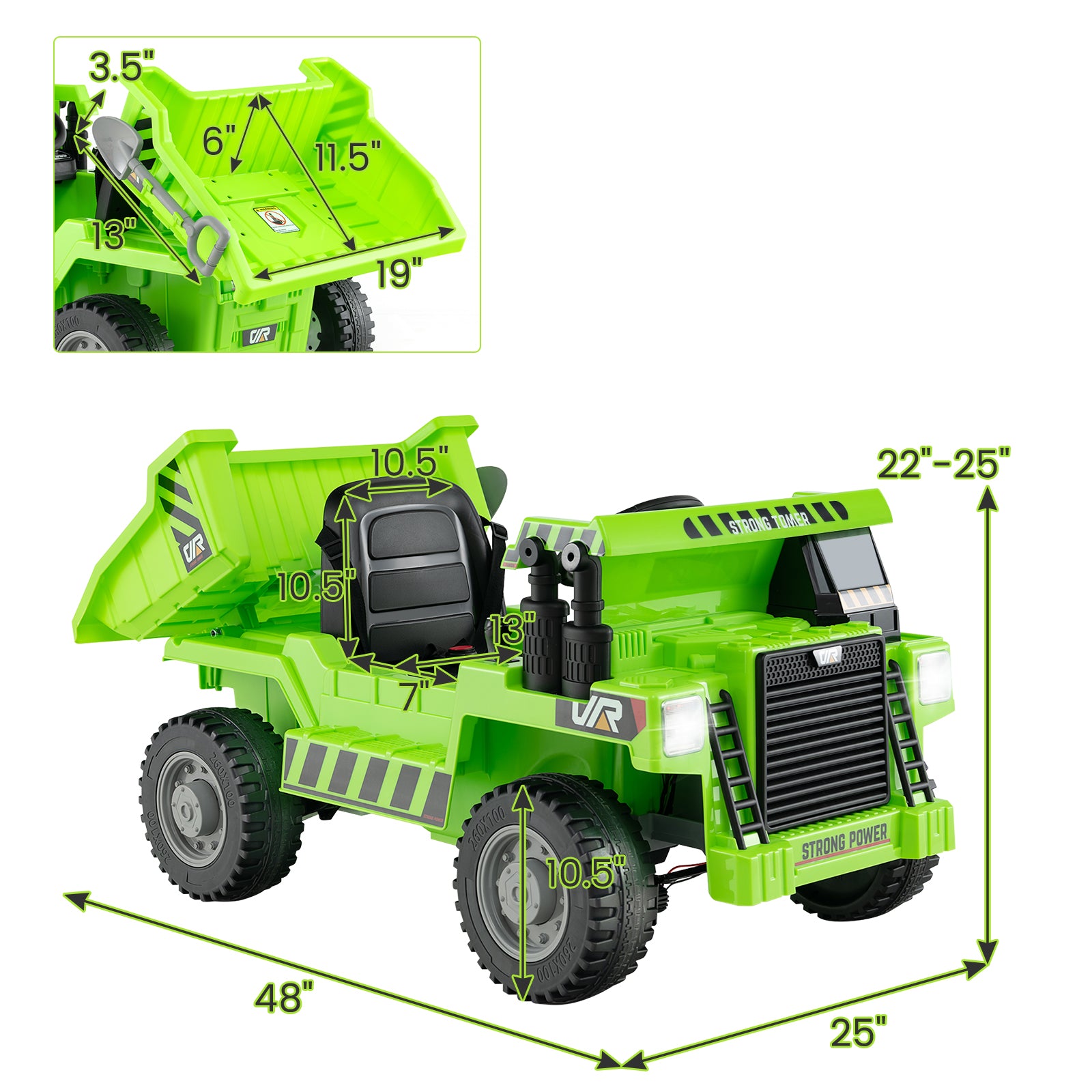 Green toy dump truck with measurements on a white background