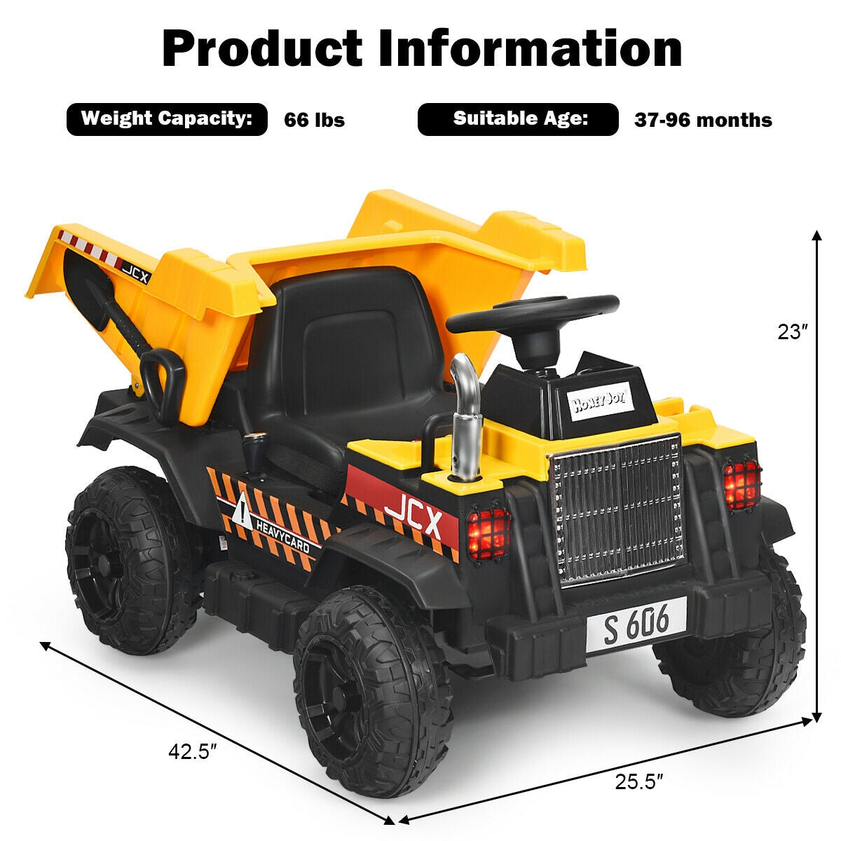 Toy dump truck with specifications on a white background