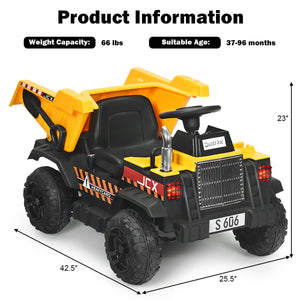 Toy dump truck with specifications on a white background