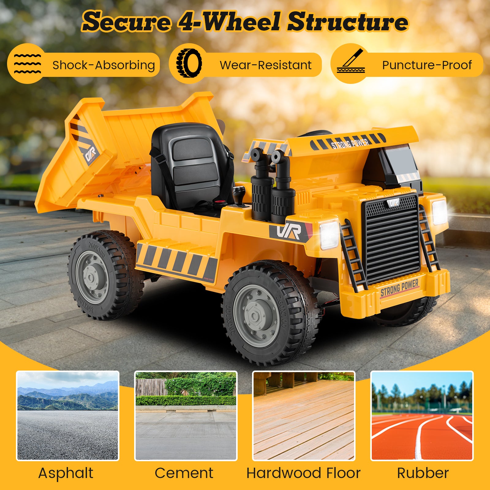 Toy dump truck with features highlighted on a blurred outdoor background