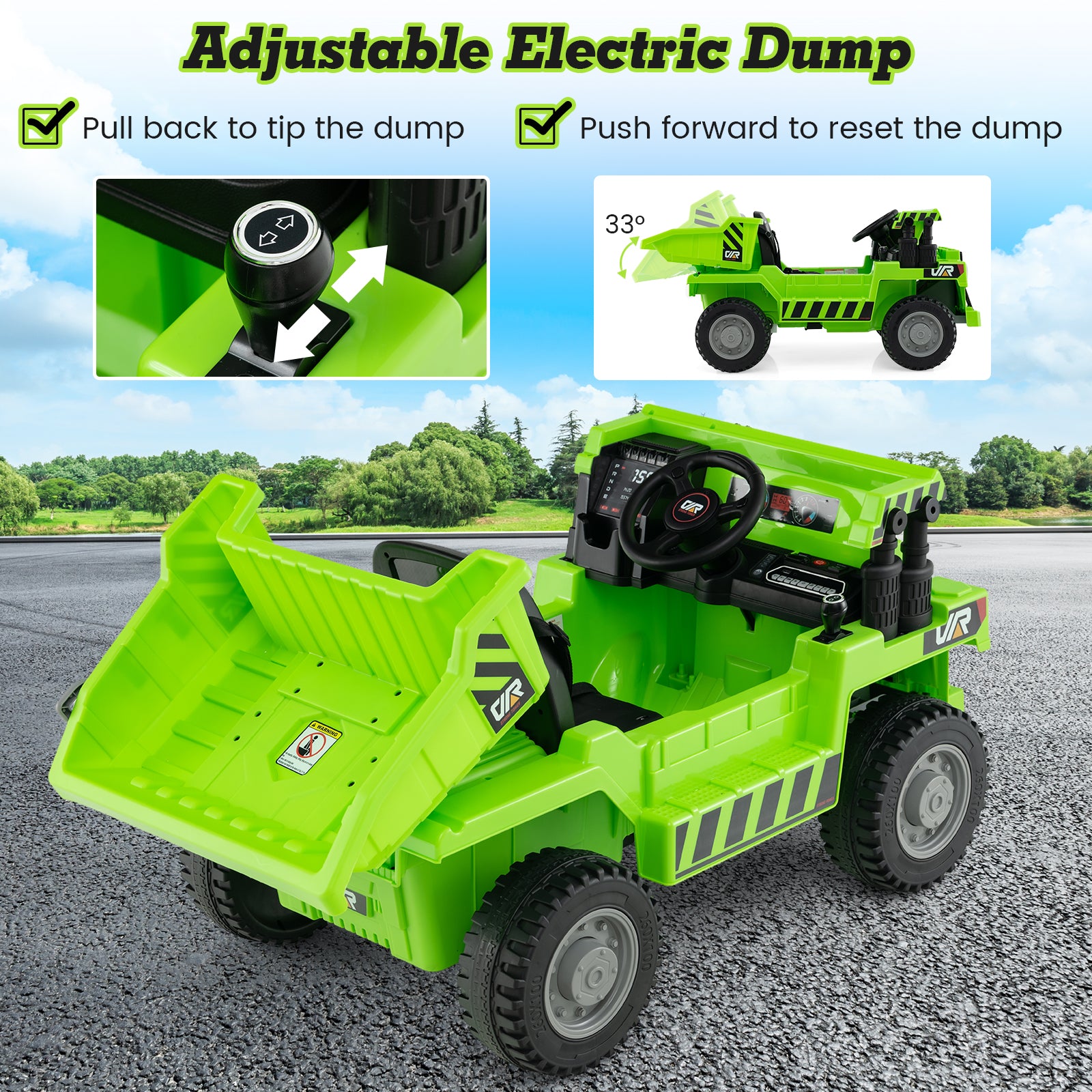 Green adjustable electric dump truck toy with instructions on a road background