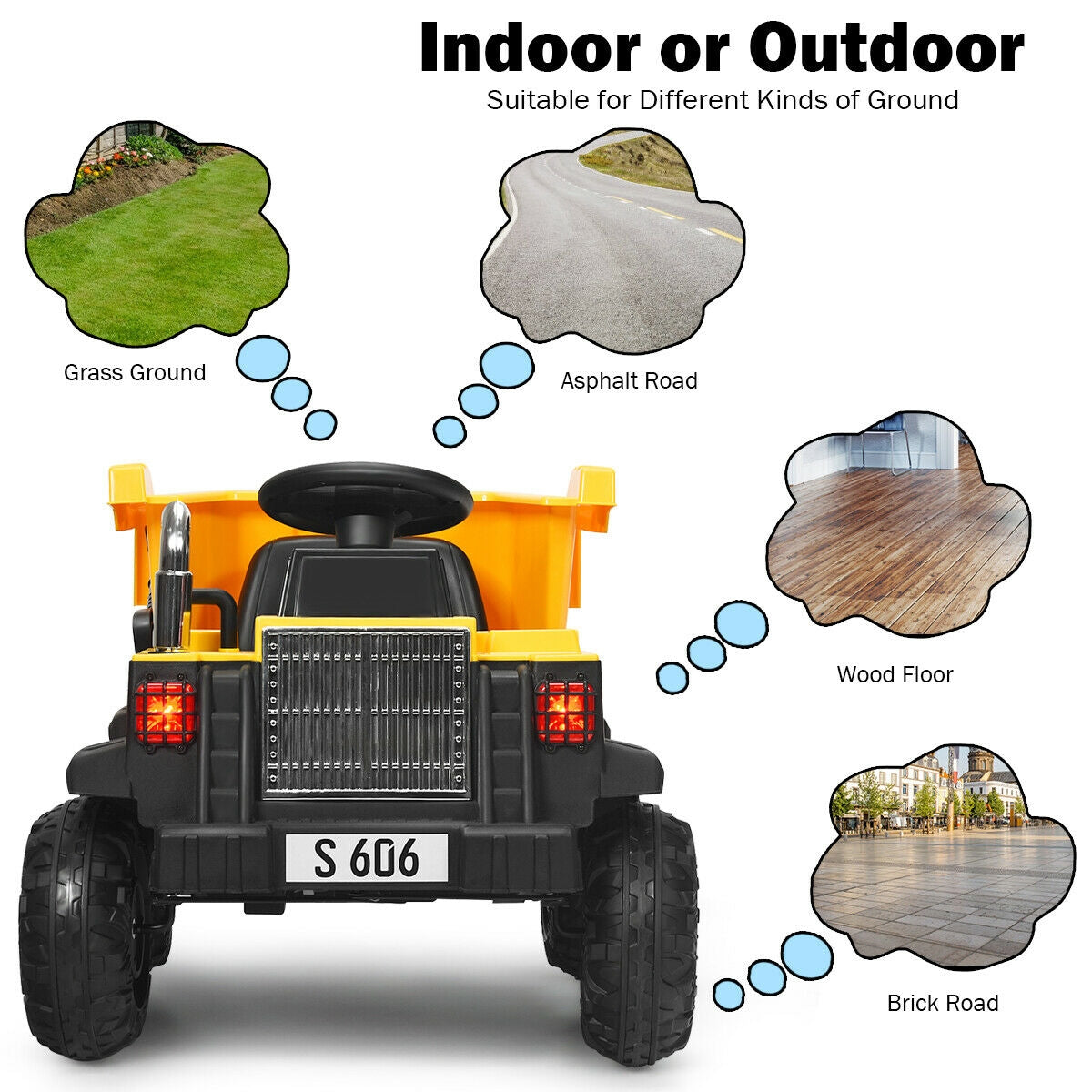 Toy dump truck with suitability for different ground types on a white background