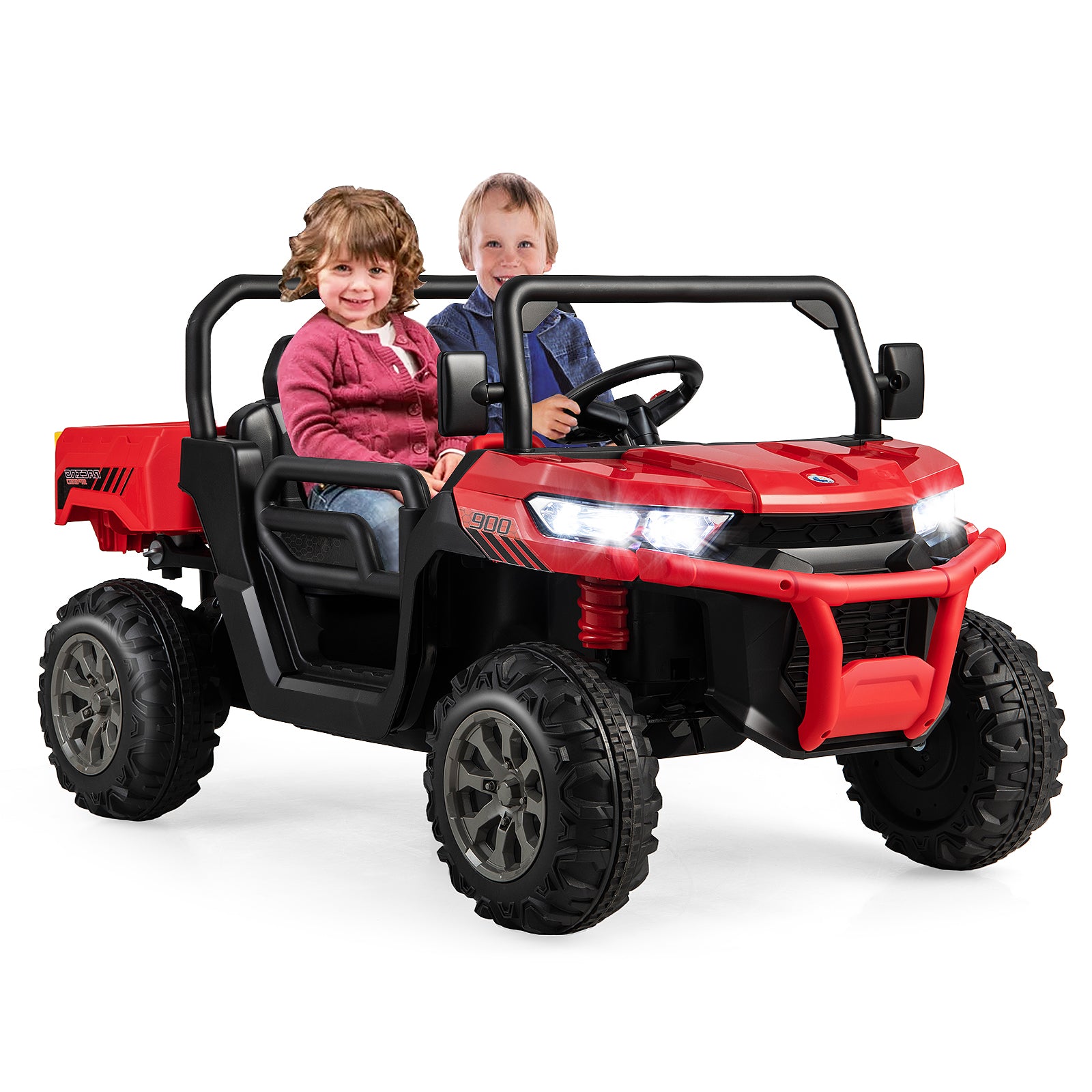 Red toy off-road vehicle with two children inside on a white background