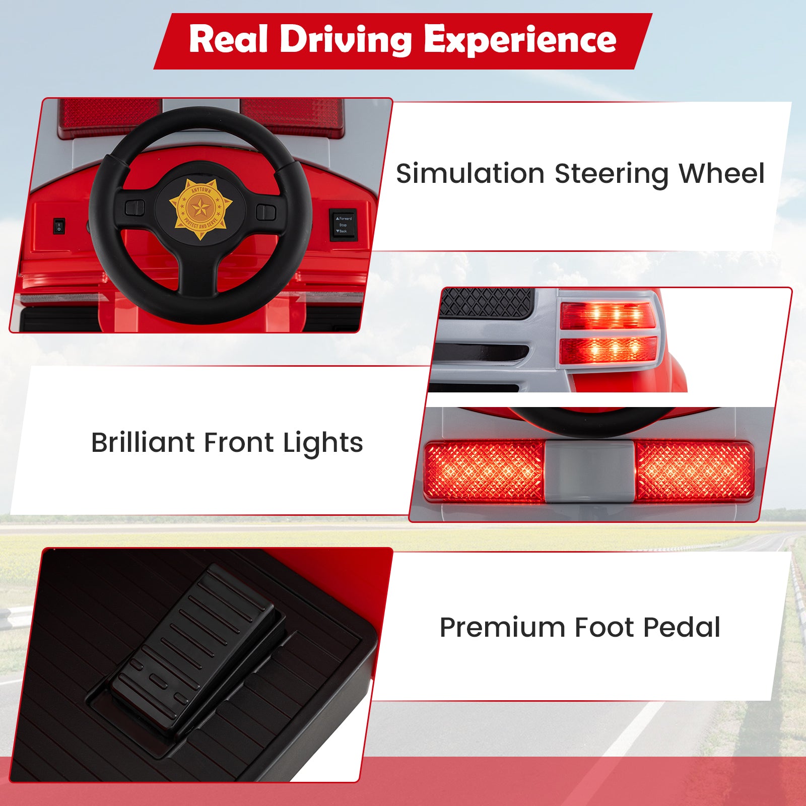 Red toy car with steering wheel, front lights, and foot pedal labeled 'Real Driving Experience'.