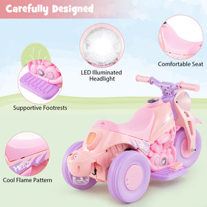 Pink and purple toy motorcycle with features highlighted on a light green background