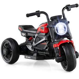 Children's toy motorcycle with red and black design on a white background